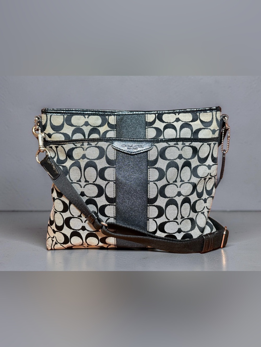 Coach Signature Stripe File Bag Crossbody - Black & Gray ✨